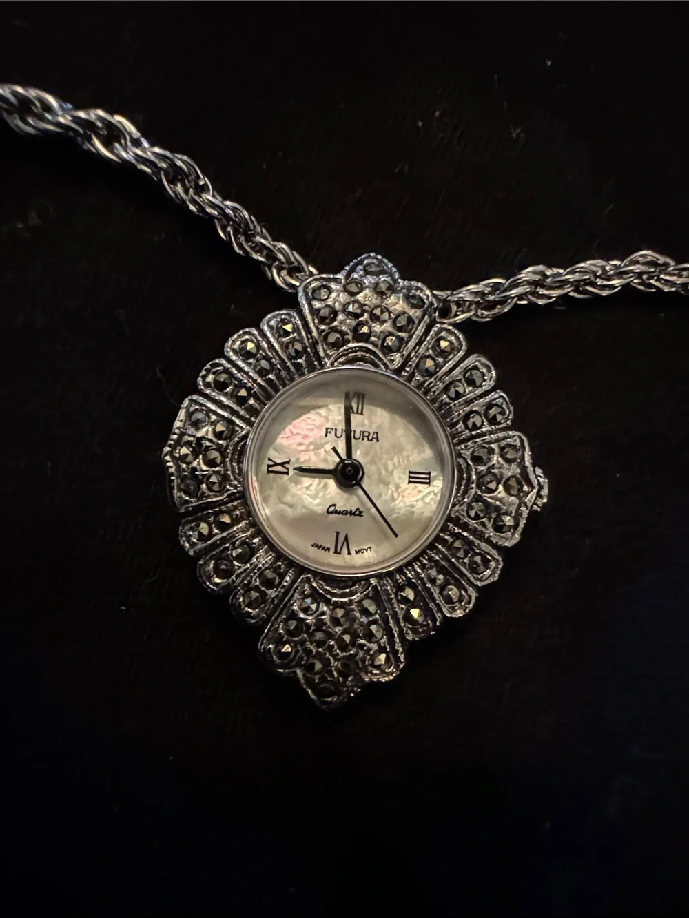 Vintage rare Futuro watch Silver Rope Chain Necklace mother of pearl w/papers